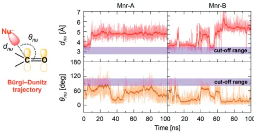 Figure 5. Time evolution, over the molecular dynamics (MD) production run of the COX-1/ARN2508 system, of the distance (d nu , top graphs) and angle (q nu , bottom graphs) for the nucleophilic attack between the Ser530 nucleophile (O@Ser530) and the ARN250