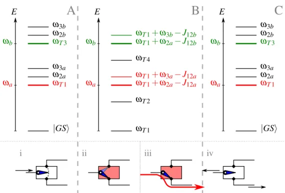 Figure 3.1: In this figure I schematically show the expected behavior of the quantum switch based on the interactions contained in the Hamiltonians