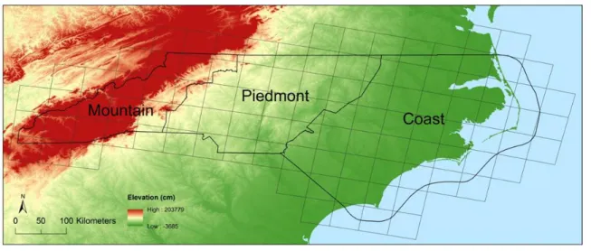 Figure 3.1: An example of NARCCP regional climate model boundary, Regional Climate Model  version 3 (RCM3), in North Carolina 
