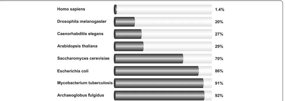 Figure 1 The percentage of protein-coding genes sequences in several eukaryotic and bacterial genomes.