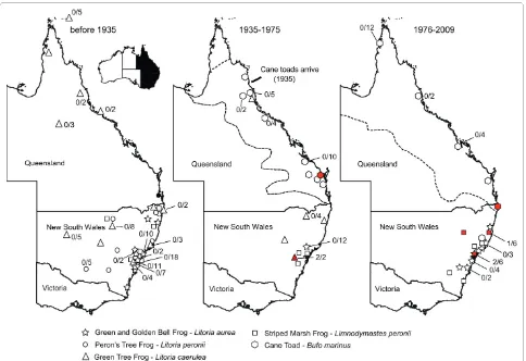 Figure 1 Frog species collection sites in eastern Australia. Maps of collection sites in eastern Australia with the distribution of frogs collected and catalogued at the Australian Museum were grouped according to their collection date