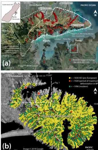 Figure 1. (a) © Google Earth image showing Rapaki and Purau study sites. CES rockfall locations as mapped by GNS Science and the authors(at Rapaki and Purau) are shown (red)