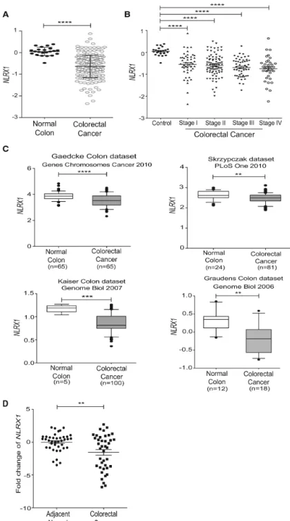 Figure 7. NLRX1 Expression Is Reduced in Multiple Colorectal Cancer Patient Databases and in  Clinical Samples