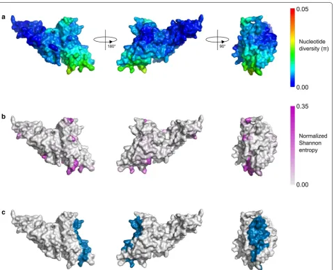 Fig. 4Ådimer chain or the DARC ligand (as defined by the PDB structure 4NUU) are shown in blue on the modelled aresidues on a per-site basis, with no spatial averaging performed
