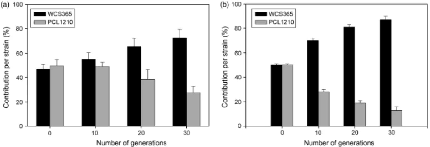 Fig. 6. Competitive growth of Pseudomonas fluorescens WCS365 (dark bars) and colS mutant PCL1210 (grey bars) in BM with root exudate (a) or putrescine (b) as the sole carbon source