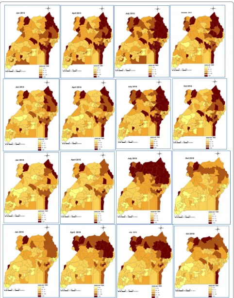 Fig. 2 Space-time patterns of malaria incidence (cases per 1000 persons) in children less than 5 years estimated from the Bayesian spatio-temporal model