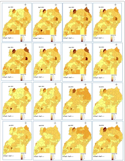 Fig. 3 Space-time patterns of malaria incidence (cases per 1000 persons) in individuals of age 5 years and above estimated from the Bayesian spatio-temporal model