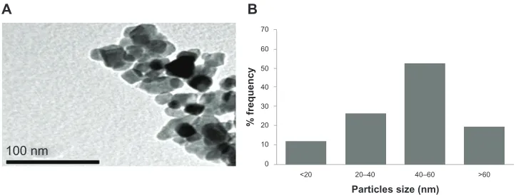 Figure 1 Characterization of titanium oxide nanoparticles. (A) Transmission electron microscopic image and (B) size distribution histogram generated using transmission electron micrography.