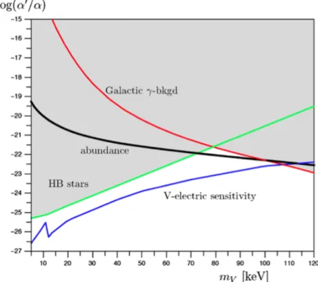 Figure 1.9: Vector bosonic dark matter exclusion plot. Blue: V-electric cross section for Ge, assuming a detector sensitivity equivalent to a 1 pb cross section for a 100 GeV WIMP.