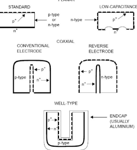Figure 2.6: Conventional germanium detector configurations with common modifications. In this figure, solid (dashed) black lines represent the n + (p + ) contact