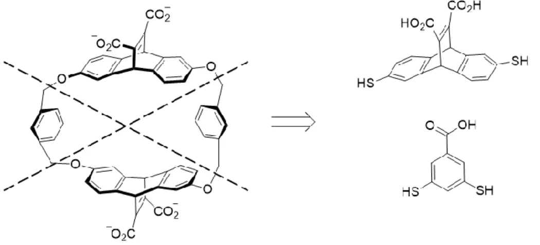 Figure 1.12 Retrosynthesis of Dougherty’s cyclophane into its constituent dithiol building  blocks for DCC