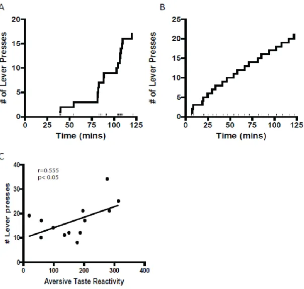 Figure  3.  Aversive  taste  reactivity  predicts  drug  taking.  (A)  A  cumulative  record  showing the behavior of a representative animal during the self-administration phase after  5 taste-drug pairings