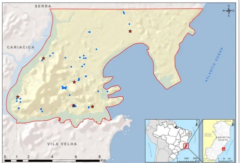 Fig. 1 Location of the city of Vitória, capital of Espírito Santo State, indicating both mosquito collection sites (blue dots) and the places where ZIKV‑positive samples were detected (red stars)
