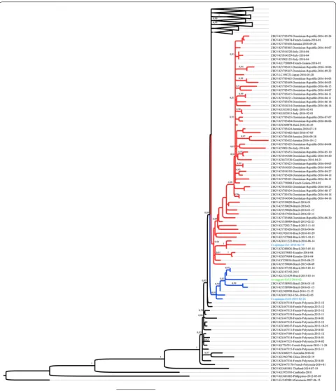 Fig. 3 ZIKV maximum likelihood phylogenetic reconstruction of the Asian genotype: blue branches represent an early offset of ZIKV in Brazil where the CXq_ES24 and Aea_ES32 genomes clustered and red branches denote one of the clades of ZIKV which emerged du