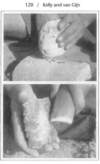 Figure 9-3· Experiments with coral tools. a:  pounding  seeds; b: rasping  hard wood. 