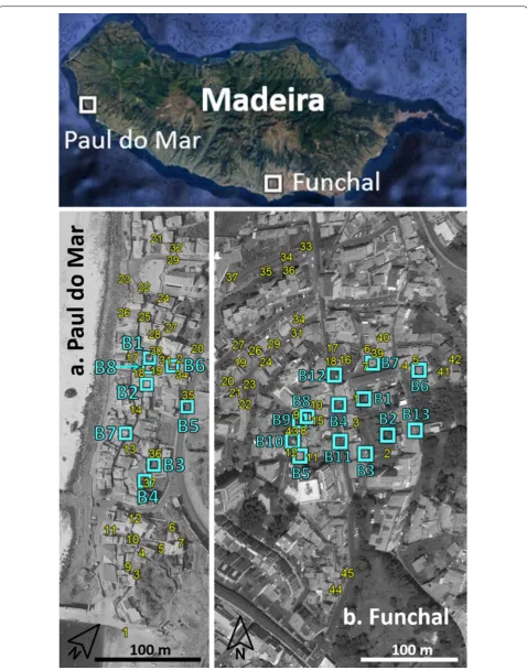 Fig. 2 BGST dissemination sites (blue) and ABS (yellow) in Paul do Mar (a) and Funchal (b)