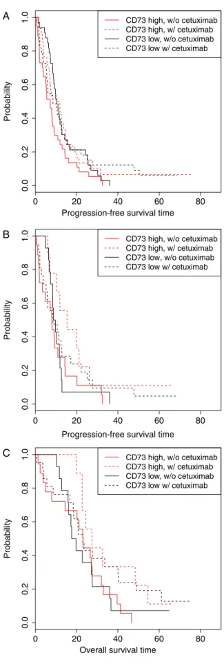 Figure 5. Kaplan–Meier curves showing the effects of CD73 level and  treatment arm. (A) PFS in all patients (interaction P = 0.018); (B) PFS in  KRAS WT patients (interaction P = 0.017); (C) OS in KRAS WT patients  (interaction P = 0.049)