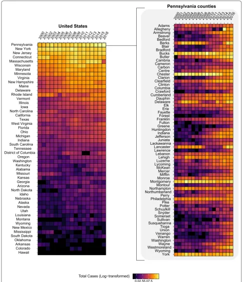 Fig. 1 Annual reported cases of Lyme disease. By state from 2006–2017 (left) and by counties in Pennsylvania from 2006–2017 (right)