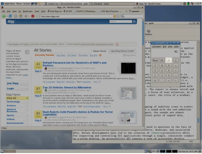 Figure 2.1: Screen reader view of the GUI desktop. When the calculator window is activated and the Clr button receives the input focus, a screen reader reports  Calcu-lator - Basic, push button, Clr