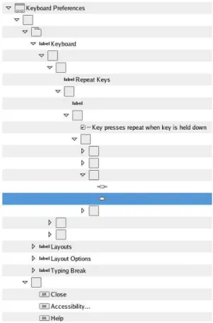 Figure 2.2: Accessibility hierarchy for a GUI dialog. The window on the left is the keyboard properties dialog from GNOME 2.14