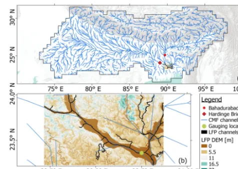Figure 4. (a) CMF channel network in the Ganges–Brahmaputrawork as well as gauging stations where output from PCR, CMF, andbasin as well as locations of observation stations Hardinge Bridgeand Bahadurabad for validating model output from both PCR andCMF; (b) zoom to LFP extent showing LFP DEM and channel net-LFP is compared.