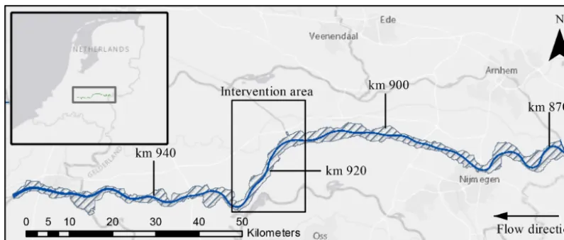 Figure 1. The River Waal, situated entirely in the Netherlands. The study area is a stretch of about 15 km between km 913 and 928