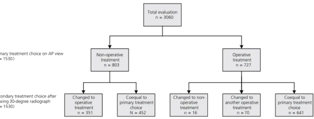 Figure 2. Flowchart of the 3060 evaluations of 102 surgeons based on only the AP view and on the combined AP and 30-degree radiographs.