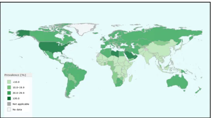 Fig. 1   Prevalence of obesity, ages 18+, both sexes, 2014 (age-standardized estimates)—source: WHO