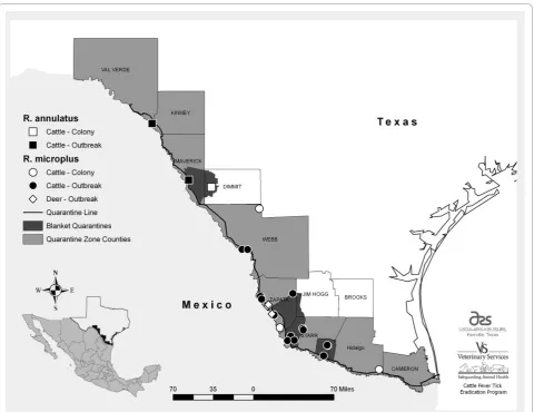Figure 1 Map of temporary blanket and permanent quarantine zones. Bm86 sequences obtained from larval colony or outbreak samplesare represented by squares (R