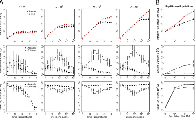 Figure 3: Hill-Robertson interference affected asexual populations of all sizes. (A) Hill- Hill-Robertson interference depressed variance at a neutral locus (V ) in asexual (black) compared to sexual (red) populations (top row)