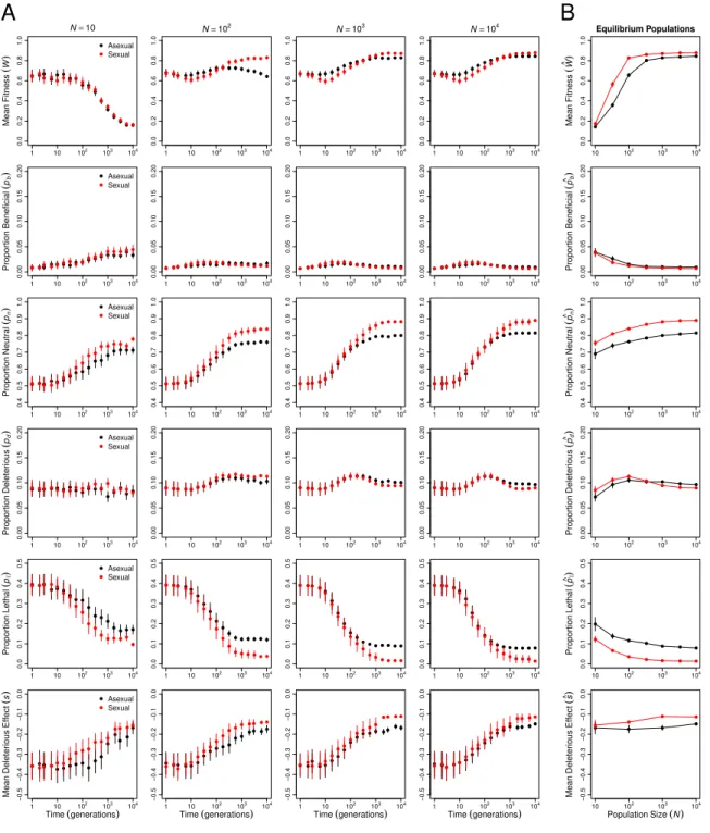 Figure 8: Evolution of the distribution of mutation effects. (A) Change in mean fitness (replotted from Figure 1), proportions of mutations (p b , p n , p d , p l ) that are beneficial (s > 0), neutral (s = 0), deleterious (−1 < s < 0), and lethal
