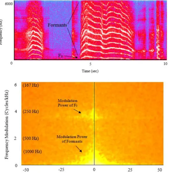 Figure 3. Spectrogram and modulation power spectrum example. Top panel: Spectrogram of an  infant cry with representations of fundamental frequency (F 0 ), the lowest band in the 