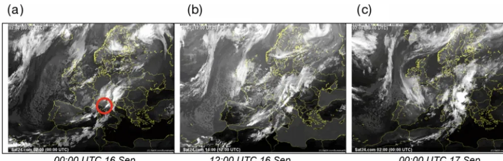 Figure 5. Lightning density (number of lightning strikes per 16 km2for the whole day) recorded on 16 September 2017