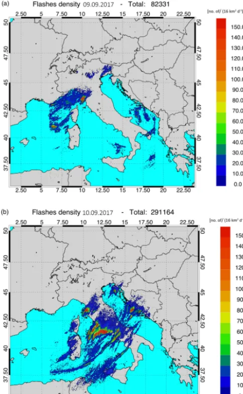 Figure 8. (a) Lightning density (lightning number per 16 kmthe whole day) recorded on 9 September 2017;10 September 2017