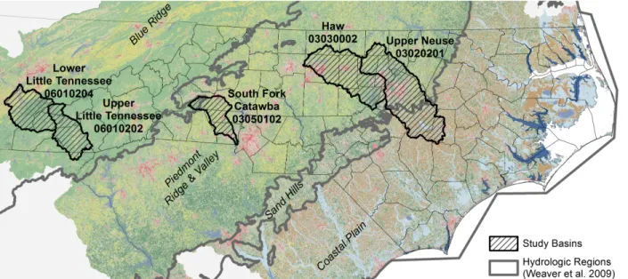 Figure 2.1 – Four study basins for River Basin Restoration Prioritization assessment  Four River Basin Restoration Prioritization study basins highlighted across North Carolina
