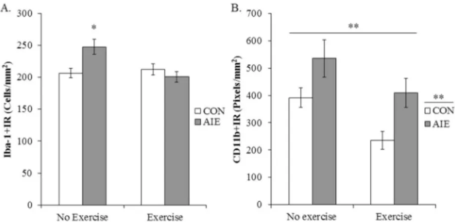 Figure 8. Voluntary exercise exposure prevents adolescent intermittent ethanol (AIE)-induced  increased population and partial activation of microglia in the young adult (P80) dorsal raphe  nucleus (DRN)