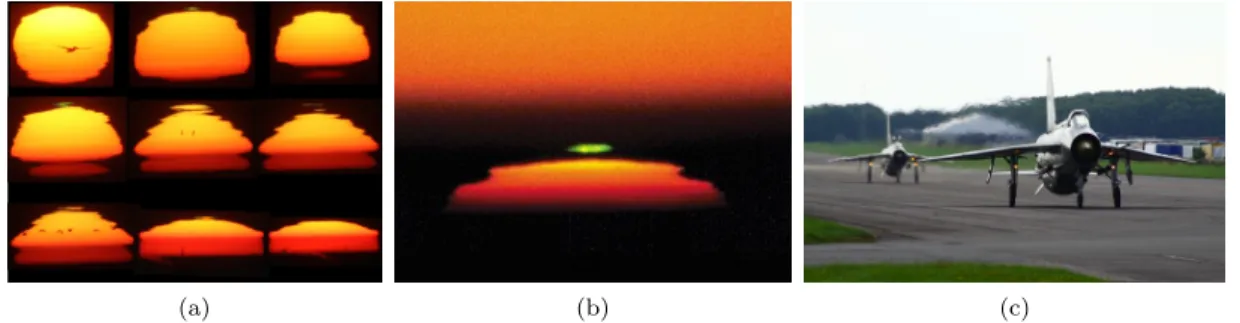 Figure 1.2: Visual phenomena of a refractive atmosphere: (a) distorted sun, (b) green flash, (c) heat shimmering