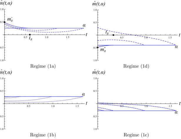 Figure 4: Different regimes of Theorem 1.9. Evolution in time of the minimizing trajectories