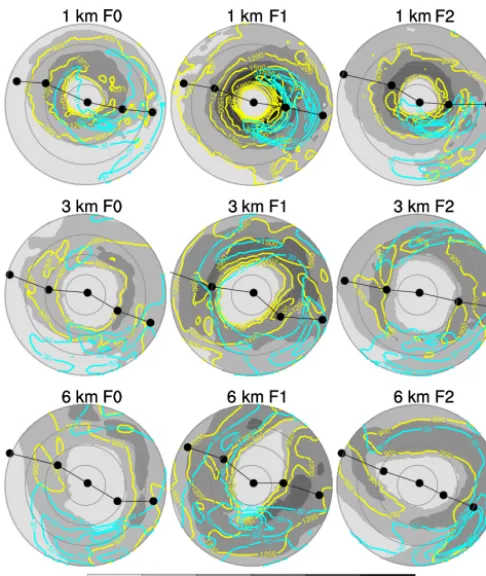 Figure 6. Horizontal distributions for wind speed at 10 m height(shaded; m s−1), surface latent heat ﬂux (yellow contours; W m−2),