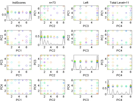 Figure 2.6: Scores Scatterplot for the Descendant Correspondence, Left Side sub-population of Data Set 1