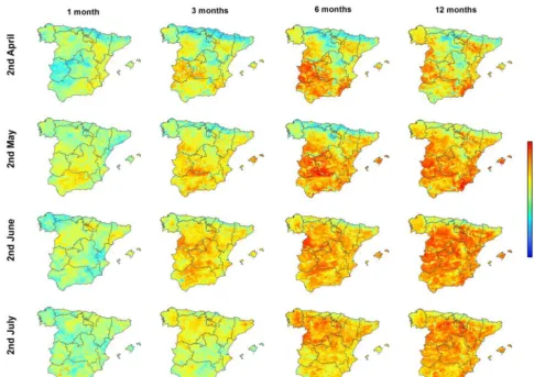 Figure 1. Spatial distribution of the Pearson’s r correlation coefﬁcient calculated between the sNDVI and different SPEI timescales fordifferent semi-monthly periods.