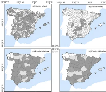 Figure 6. Spatial distribution of the drought indices with the strongest correlations with wheat (a, c) and barley (b, d) at the province(c, d) and agricultural district (a, b) scales.