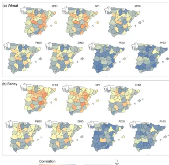 Figure 4. Spatial distribution of the highest correlation coefﬁcients between the drought indices and the wheat (a) and barley (b) yields atthe provincial scale, independently of the timescale.