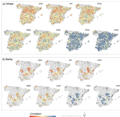 Figure 5. Spatial distribution of the highest correlation coefﬁcients between the drought indices and the wheat (a) and barley (b) yields atthe agricultural district scale, independently of the timescale.