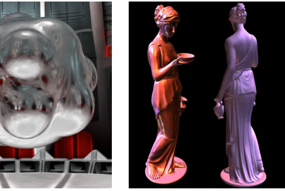 Figure 1.2: Image (a) shows an object rendered in real-time with an environment map fil- fil-tered by a spatially varying filter