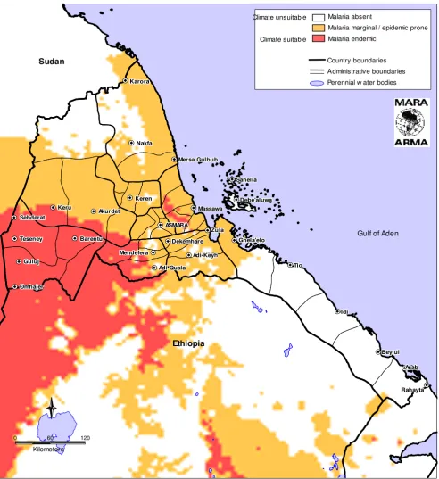 Figure 1Climatic suitability for malaria transmission in Eritrea (source: Mapping Malaria Risk in Africa, http://www.mara.org.za)Climatic suitability for malaria transmission in Eritrea (source: Mapping Malaria Risk in Africa, 