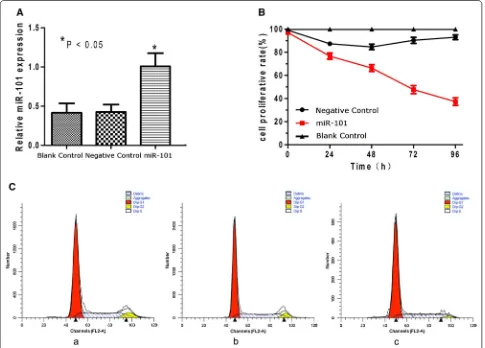 Fig. 5 Exogenous expression of miR-101 reduces the migration of Hep-2 cells. Cell migration assays were performed 72 h after transduction using Boyden chambers coated with Matrigel