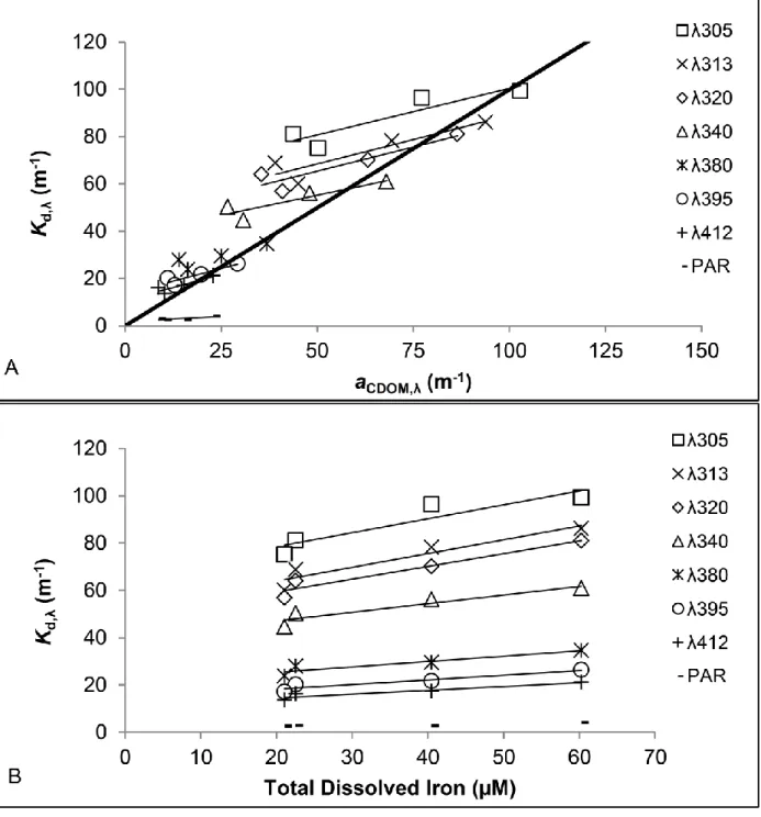 Figure 1.3. The light attenuation coefficients (K d,λ ) were positively correlated with both  (A) CDOM absorption coefficients (a CDOM,λ ) shown with a 1:1 line (thick solid line) and  (B) concentrations of total dissolved iron in pool waters on 27 June, 2