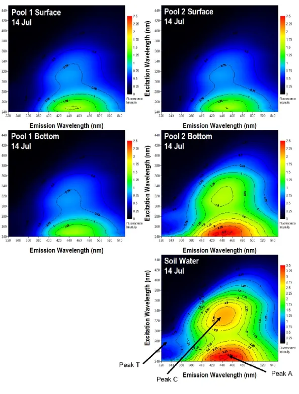 Figure 1.4. Representative EEMs of surface and bottom waters of a mixed (pool 1) and  unmixed (pool 2) pool in Imnavait Creek and soil water feeding into Imnavait Creek from  14 July, 2011