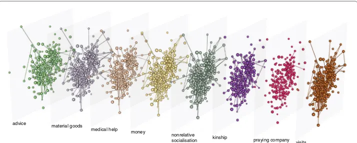 Fig. 1 Multilayer social network. Visualisation of the multilayer social network of one of the rural villages ofsouthern India, obtained using the software MuxViz (De Domenico et al